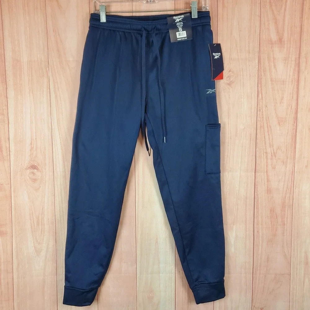 Reebok Cargo Jogger Pants Mens Small Blue Relaxed Fit Fleece Lined Drawstring